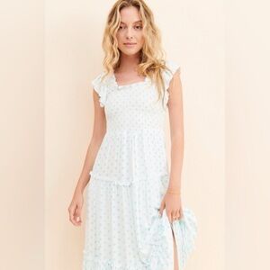 Elegant White and Blue Patterned Cotton Maxi Dress